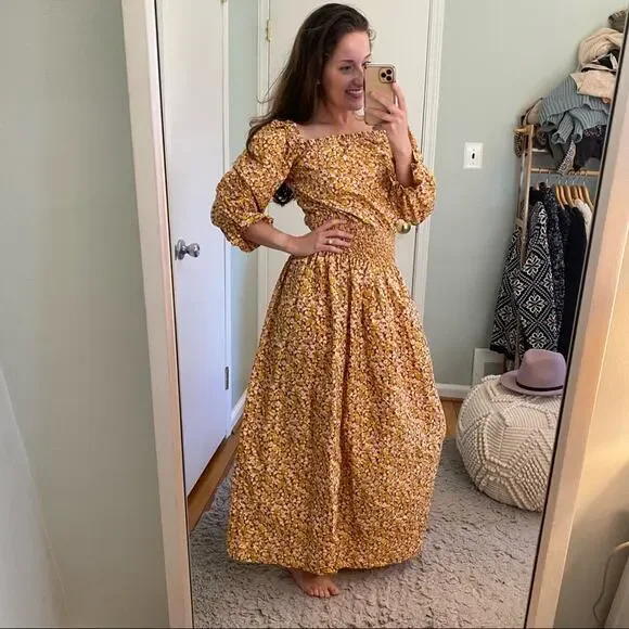 RIXO London Floral Dainty Ditsy Cottagecore Orange Maxi Dress Puff Sleeve M - Picture 5 of 16